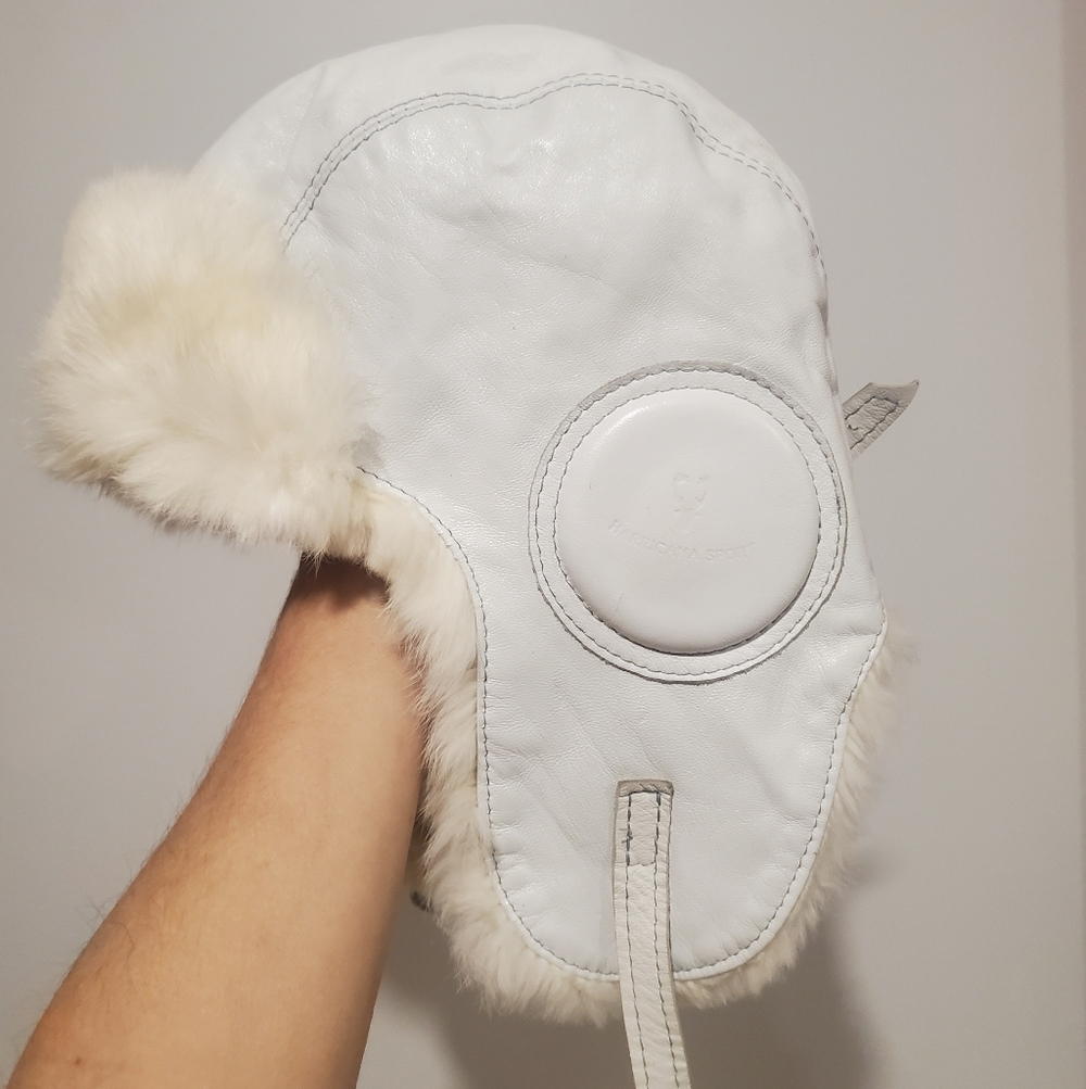 Harricana Sport White Leather Fur-Lined Ski Aviator Hat